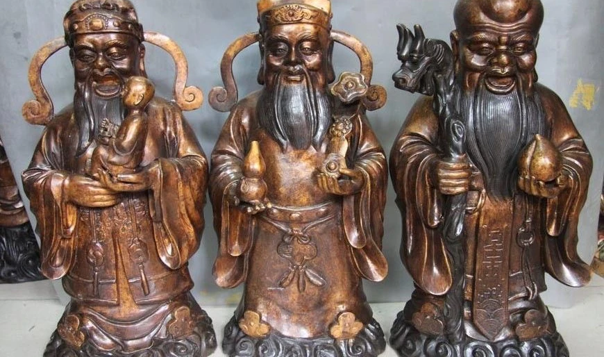 

Tibet Brozne Copper Buddhism Fu Lu Shou Longevity Buddha Ruyi Peach Gourd Statue