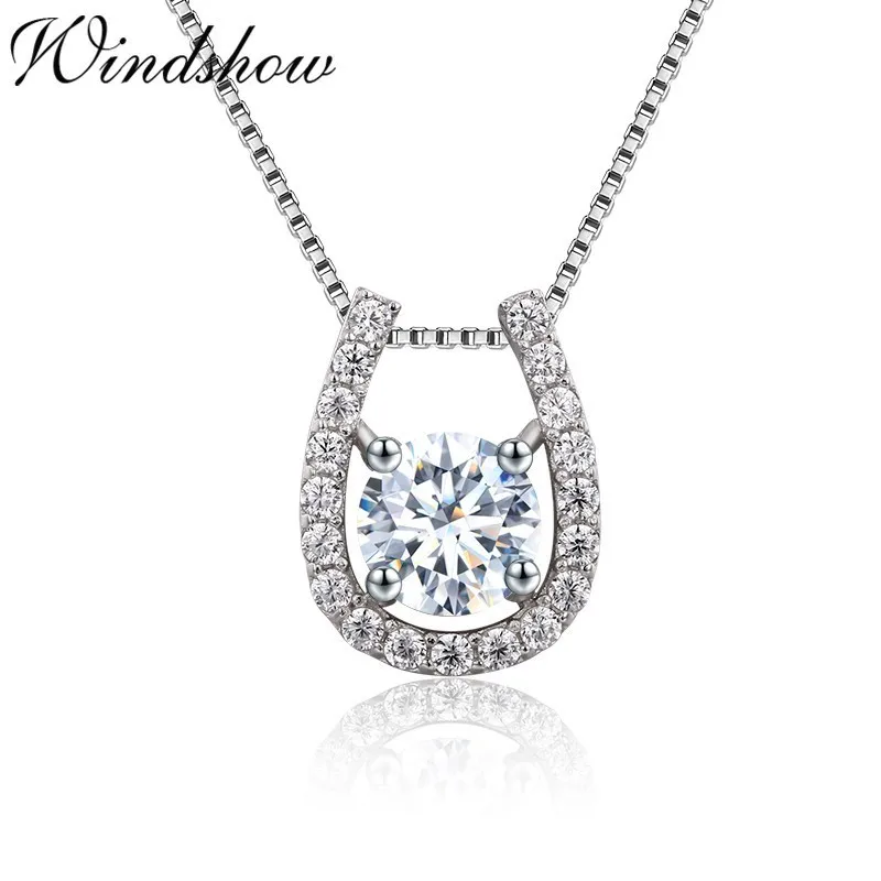 Horseshoe Necklace Pendant Round Cubic Zirconia 925 Sterling Silver Choose Color Horse Shoe