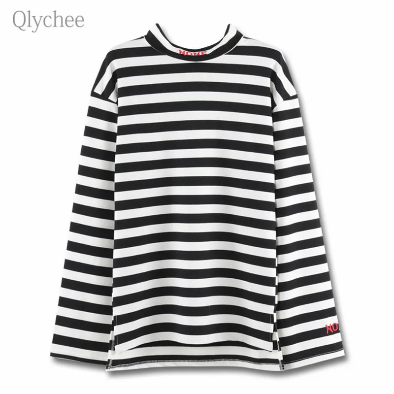 Qlychee полосатая половина водолазка на молнии футболки женские с длинным рукавом