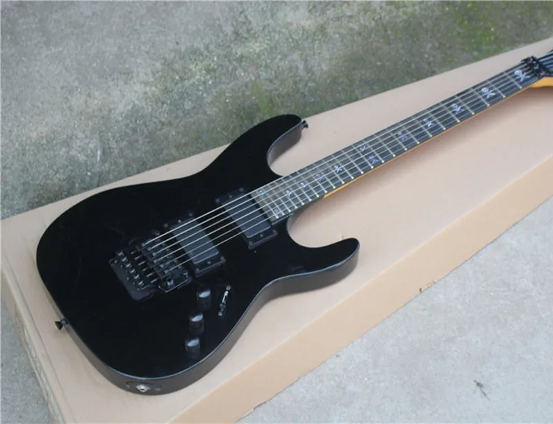 

Custom Electric Guitar,Black Color Body with Skull Fret Marks Inlay,Floyd Rose,24 Frets,Active Circuit and can be Customized