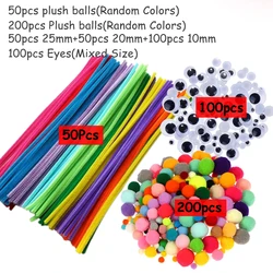 Rainbow Plush Pompom Stick - Educational DIY Art & Craft Toy for Creativity Development (50stick200pom100eye)
