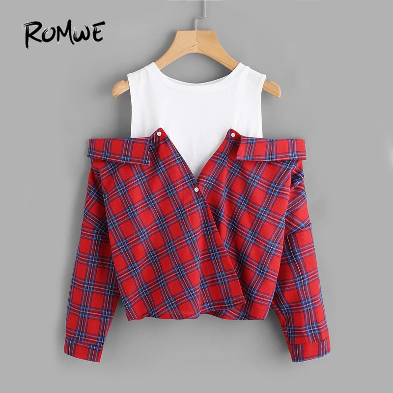  ROMWE Open Shoulder Check 2 In 1 Shirt Tunic Vogue Blouse Women Red Button Plaid Top Fall 2019 Long
