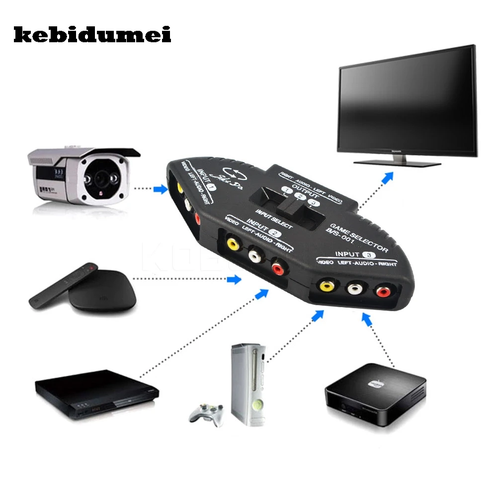 Kebidumei оптовая цена черный селектор 3-портовый кабель для видеоигр AV RCA | Компьютеры