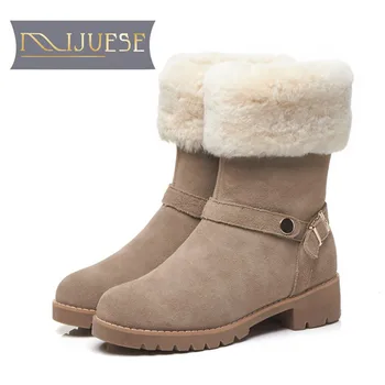 

MLJUESE 2019 women snow boots Cow Suede zippers buckle strap winter fur warm wool blend boots women ankle boots size 33-40