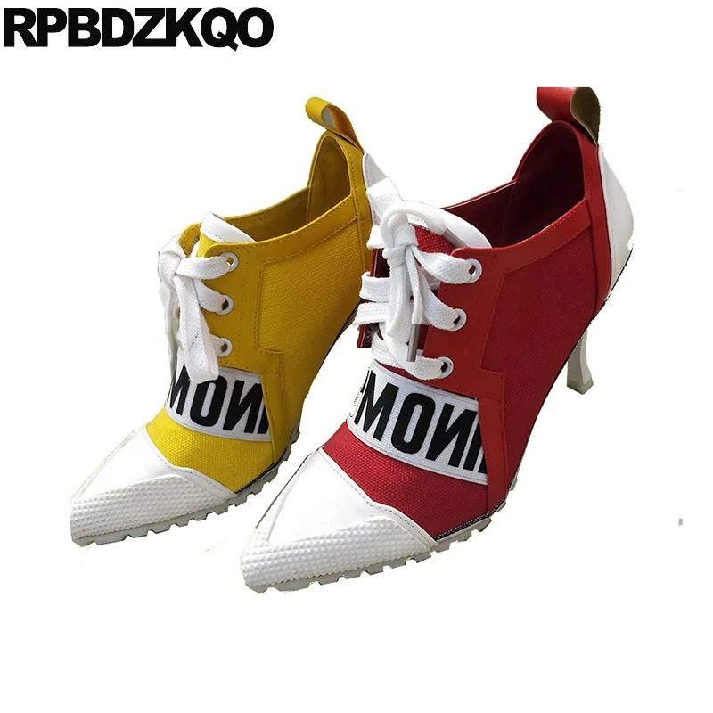

special high heels casual red 2019 lace up pointed toe 8cm blue yellow ladies scarpin canvas shoes women denim strange pumps