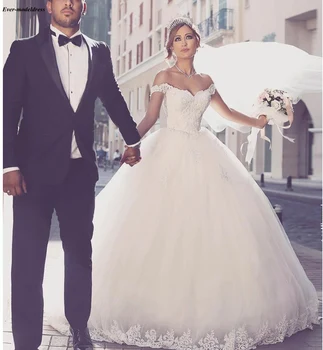 

Ball Gowns Wedding Dresses 2019 Off Shoulder Bridal Gowns Appliques Lace Up Back Sweep Train Robe de mariee abito da sposa Cheap
