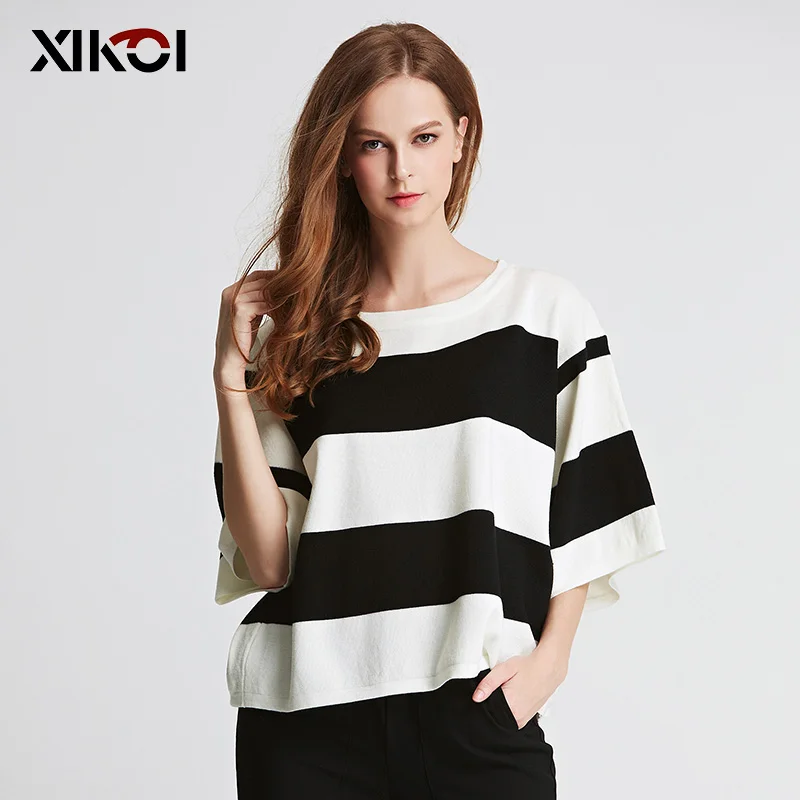 

XIKOI New Women T shirts Striped O-neck Fashion Casual Spring Brief Flat Tops Jumper 2019 Summer