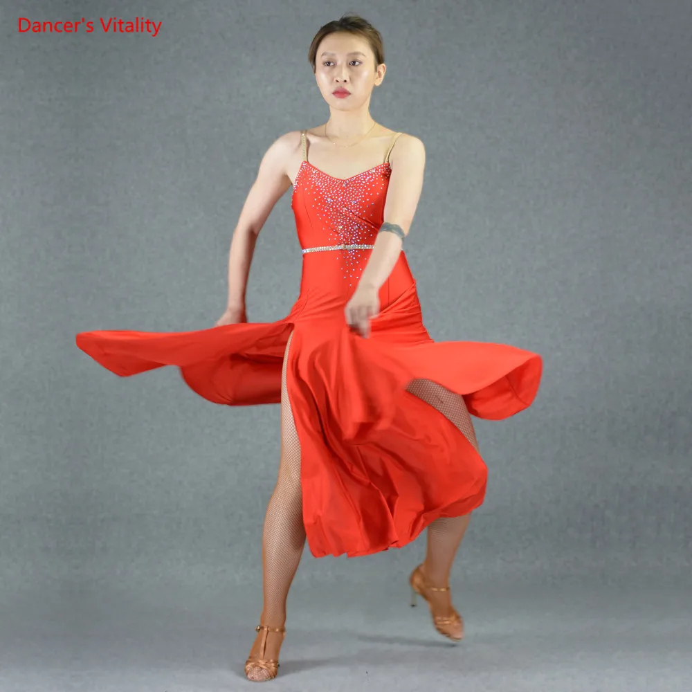 

Women Latin Dance Dresses Sexy High Split Diamond Sling Dress Adult Female Dancing Stage Performance Competition Clothes