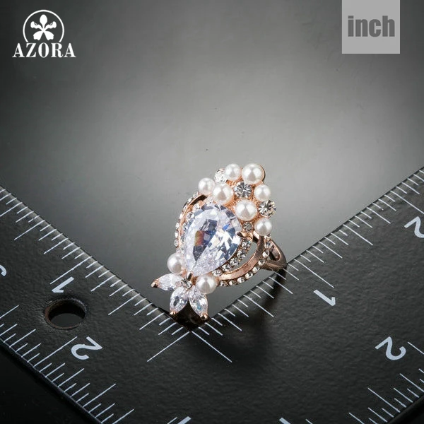 AZORA Fish Design Rose Gold Color Clear Cubic Zirconia With Pearl Ring TR0117