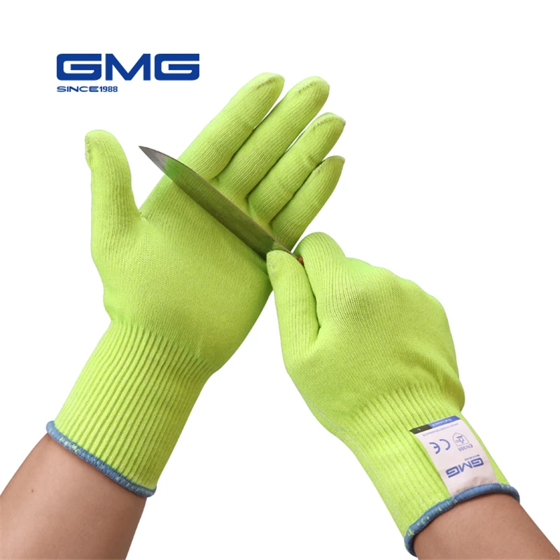 Тонкие мягкие GMG Hi-Vis желтые HPPE со стальным сертификатом CE перчатки для резки рабочие защитные перчатки для защиты от порезов EN388