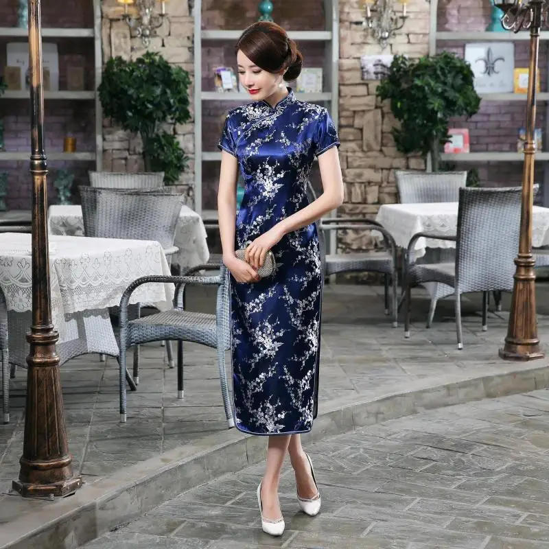 Черный, красный китайское традиционное платье Для женщин Cheongsam Qipao летние шорты рукавом длинное платье цветок размеры S M L XL XXL 3XL 020204