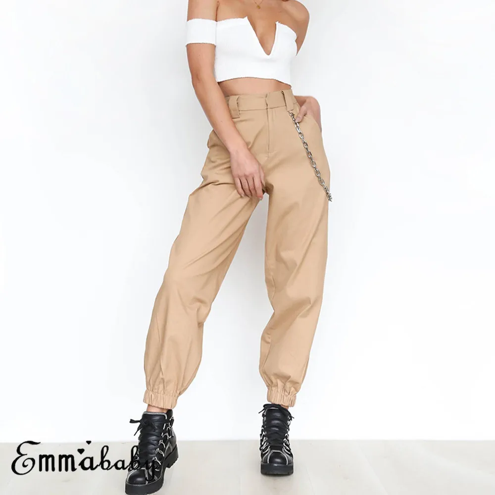 Новые женские брюки-карго в стиле пэчворк, однотонные свободные длинные спортивные штаны в стиле панк с цепочкой