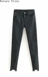 Будущее время Мода Сломанный царапины карандаш брюки Винтаж Для женщин весна длинные брюки Повседневное Высокая талия черные