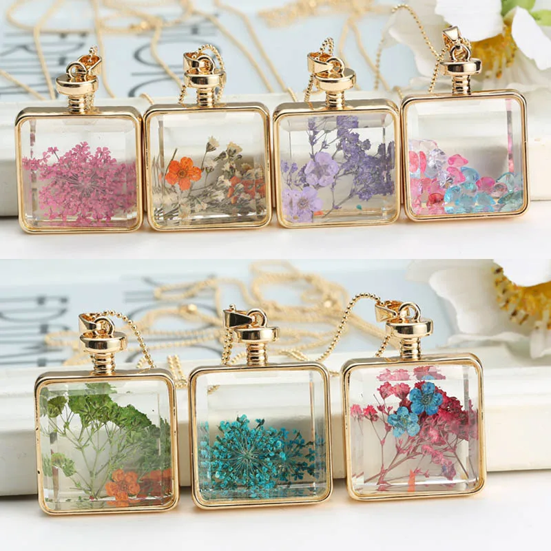 Женское Ожерелье цепочка из натурального стекла с подвеской|dried flower necklace|flower