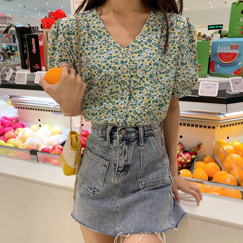 

Alien Kitty Blouses Women 2019 New Summer Elegant Tops V-neck Lantern Sleeve Floral Print Loose Casual Sweet Shirt Camisas Mujer