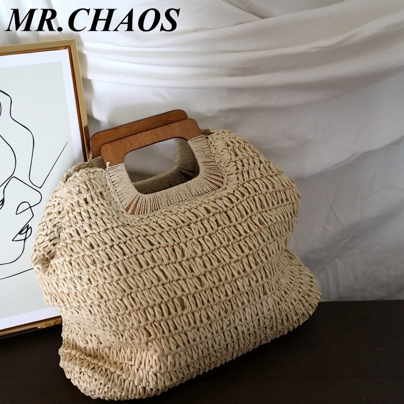 

Summer Round Straw Beach Bag Vintage Handmade Woven Shoulder Bag Raffia Circle Rattan Bags Bohemian Summer Vacation Casual Bags