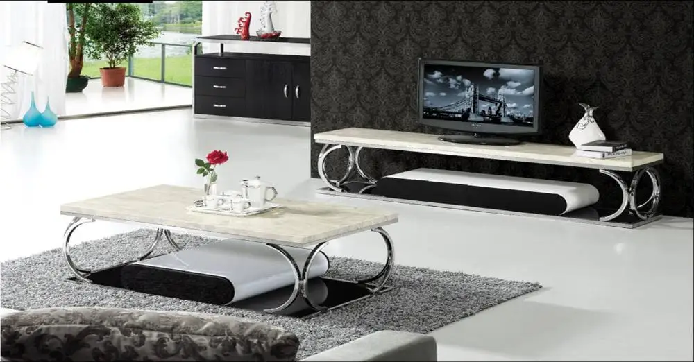 Stainless Steel And Marble Furniture Set Coffee Table And Tv