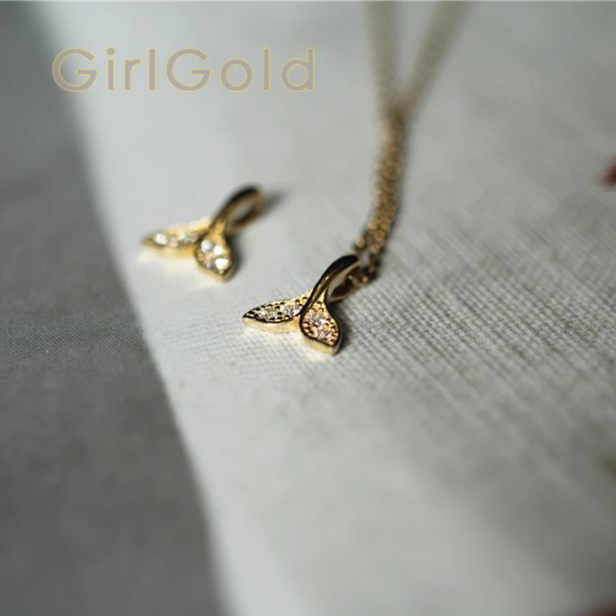 

9K Real Solid Gold Charm Crystal Fish tail Necklace Jewelry Czech CZ Crystal Minimal Simple Style Victorian