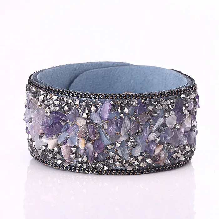 Рождественские подарки, модные браслеты-манжеты, кожаные браслеты с кристаллами, натуральный камень для женщин и девушек, ювелирные изделия 2,8*21 см - Окраска металла: blue