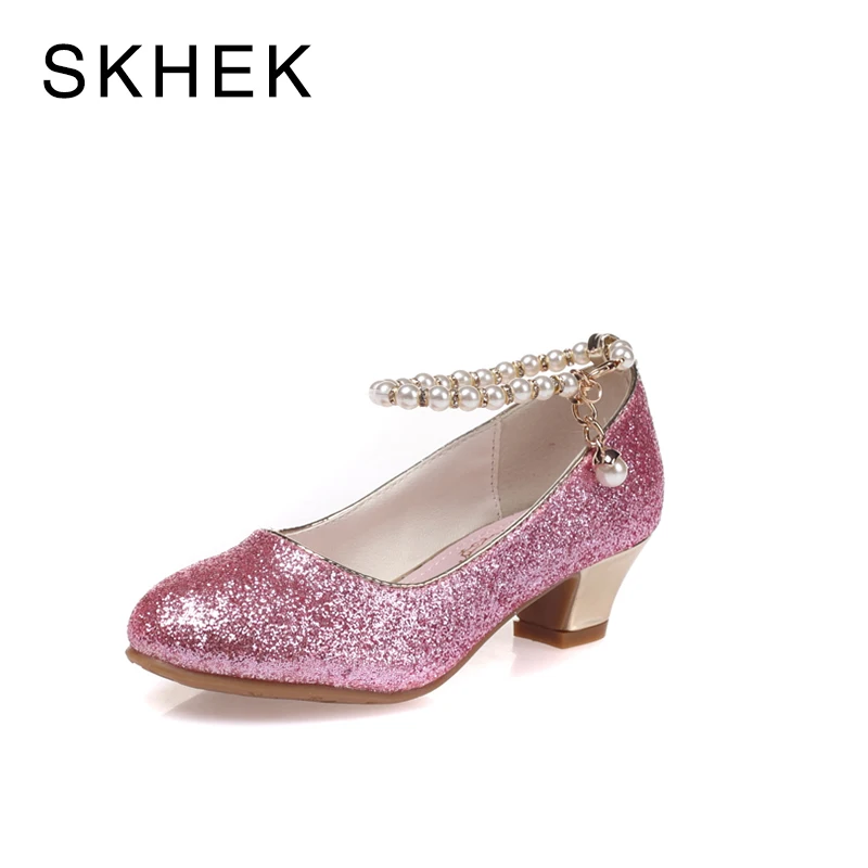 SKHEK الاطفال عالية كعب أحذية للبنات حزب حذاء مطرز الدانتيل الزفاف الأطفال أحذية جلدية الأميرة حذاء أحمر أبيض حجم 28-36