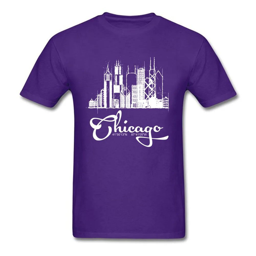 Design Pure Cotton Male Short Sleeve Tops Shirt Summer Summer/Autumn Top T-shirts Printed On Tee-Shirt Family Crewneck Chicago skyline sketch and GPS coordinates tee purple