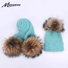 Зимняя шапка из кроличьего меха и шарф, набор для женщин и девушек, женская зимняя вязаная шапка, Повседневная однотонная шапка с натуральным меховым помпоном