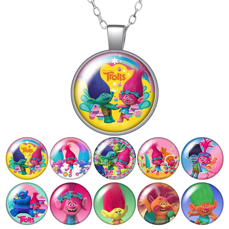 

Lovely Cartoon Trolls Round Pendant Necklace 25mm Glass Cabochon Women Girl Jewelry Party Birthday Gift 50cm ZB0484