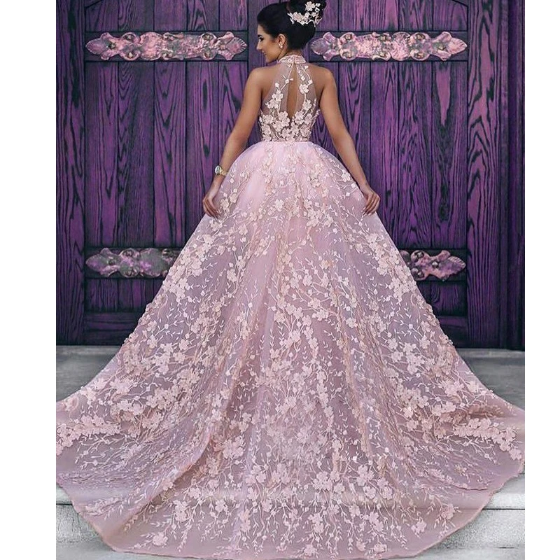 Custom Made Women Wedding Party Dress Halter Sleeveles Flowers Lace Formal Evening Dress Long Train Vestidos de Fiesta