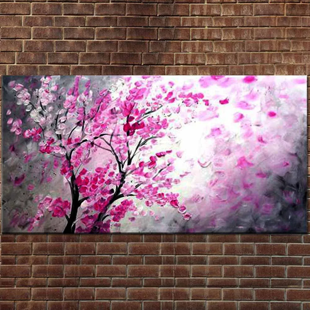 Hand Painted Textured Palette Knife Tree Pink Flower Abstract Modern