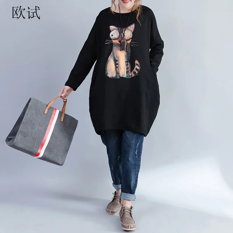 

Women Autumn New Korean Sweatshirt Long Sleeve Cartoon Print Plus Size Pullover Casual Loose Harajuku Kawaii Long Shirt 4XL 2018