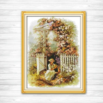 

Garden girl flower villa Scenic painting pattern printed on fabric DMC 14CT 11CT DMS Cross Stitch Needlework Home Decoration