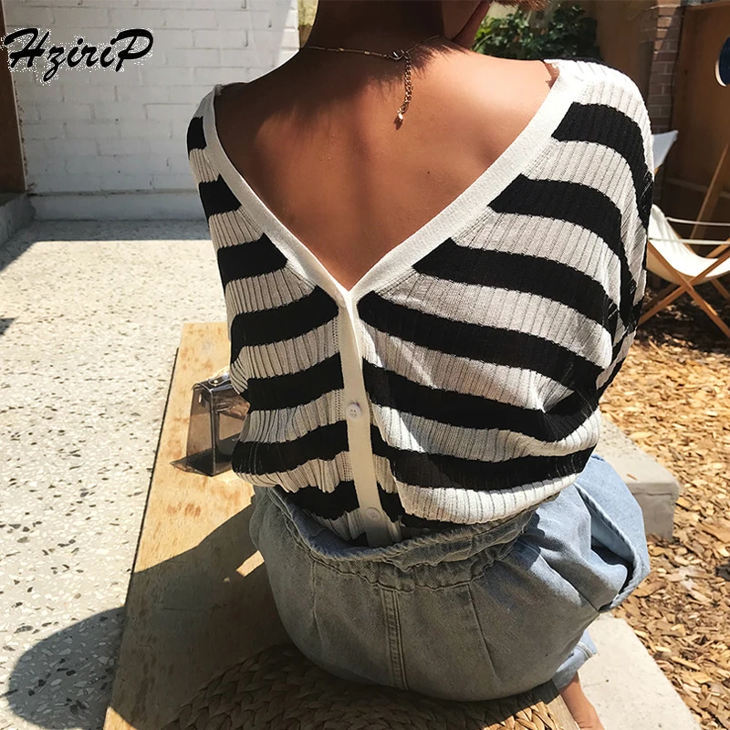 HziriP 2018 Autumn Women Knitted Vintage Sweaters Black White Striped V-Neck Cardigans Female Long Sleeve Fashion Slim Sweater |