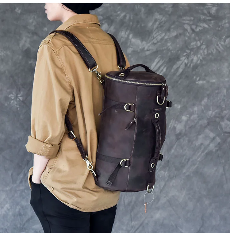 Model Show of Woosir Mens Vintage Genuine Leather Cylindrical Backpack