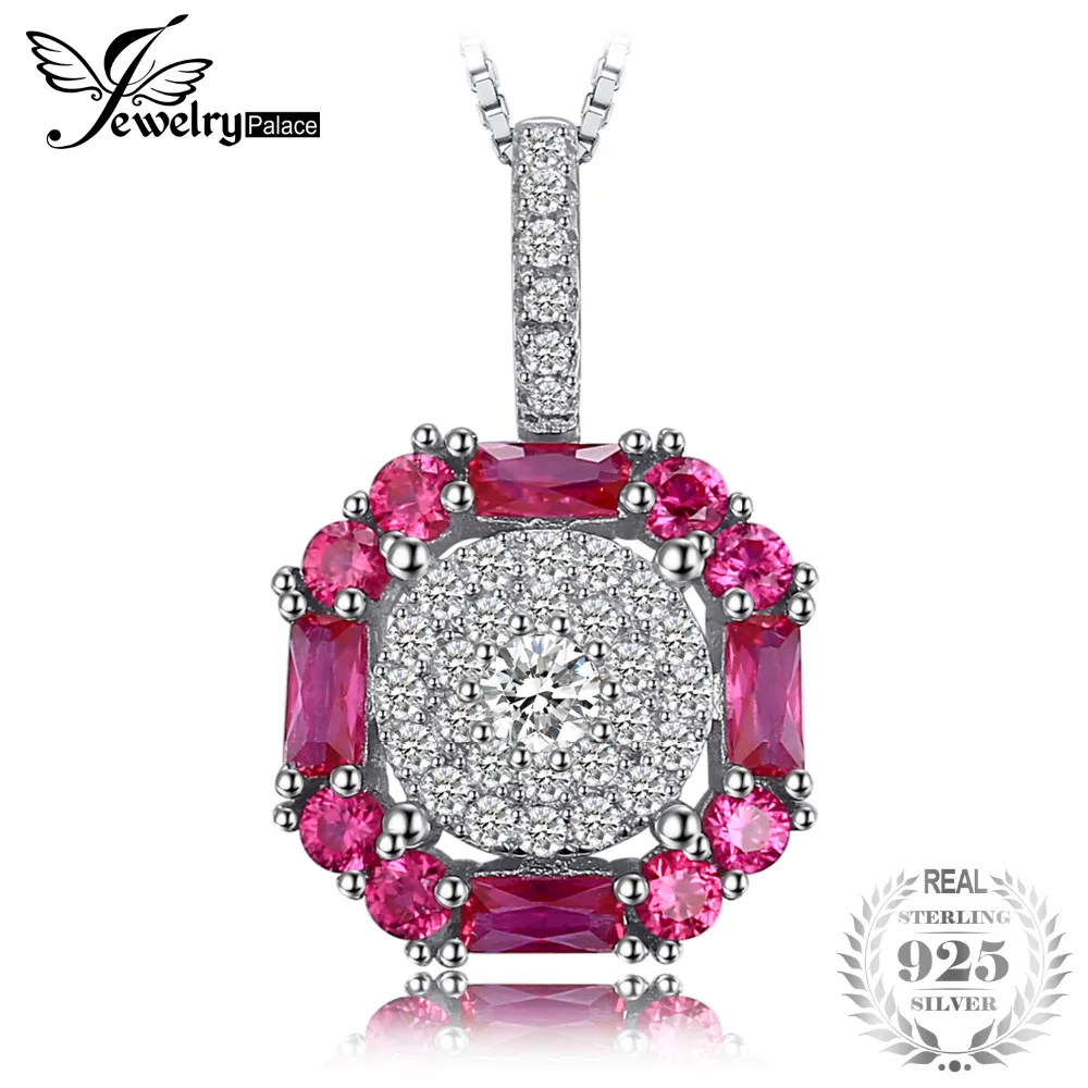 

JewelryPalace 1.26ct Created Ruby Halo Pendant Necklace 925 Sterling Silver 45cm Chain New Fine Jewelry for Women Fashion