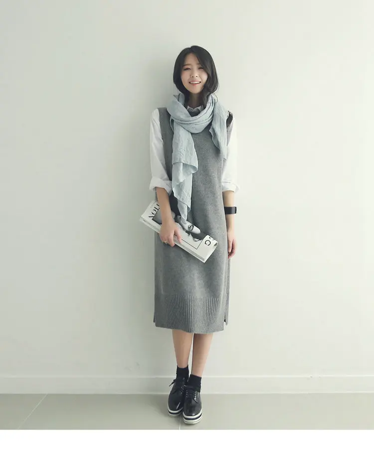 

2018 European Autumn Winter Cashmere Sweater Women Pullover Midi Pattern Split Thick Sweater Dress Vest Female