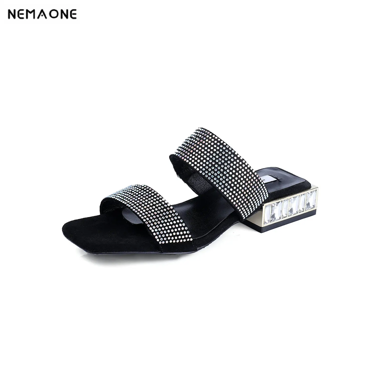 

NEMAONE Women Summer shoes woman crystal Square Heels slippers Genuine Leather Shoes Woman Sandals Open Toe Ladies shoes