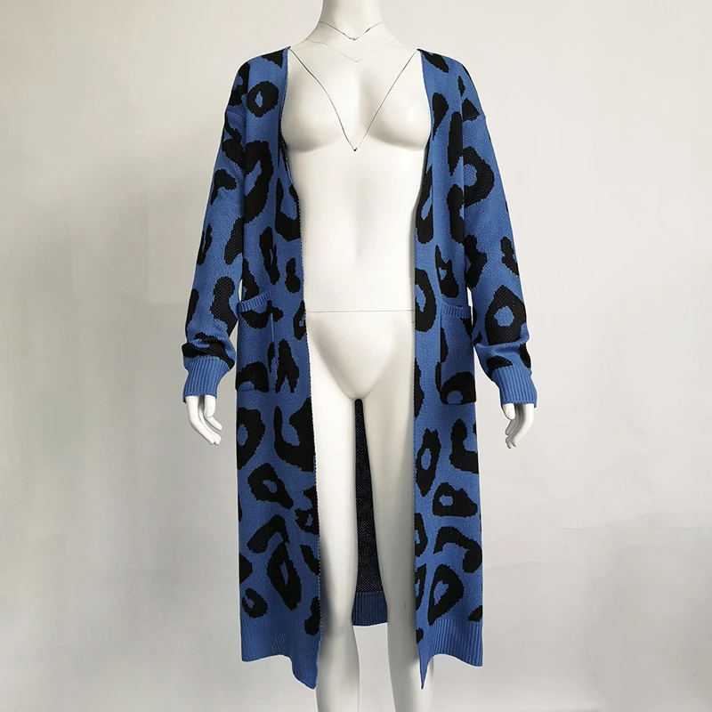 2019 Новое поступление пальто женский леопардовый кардиган Теплый свитер длинное пальто карманы Свободные повседневные топы женские