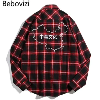 

Bebovizi Brand 2018 Red Plaid Long Sleeve Shirt Men Chinese Culture Embroidery Shirts Hip Hop Casual Street Cotton Shirts
