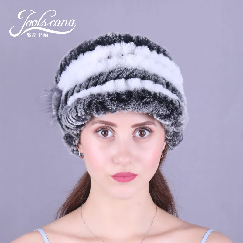 Joolscana, шапки с натуральным кроличьим мехом для женщин, зимняя шапка, женская кепка, зимняя шапка с натуральным кроличьим мехом, вязаная шапка с полями, красивые skullies - Цвет: colour9