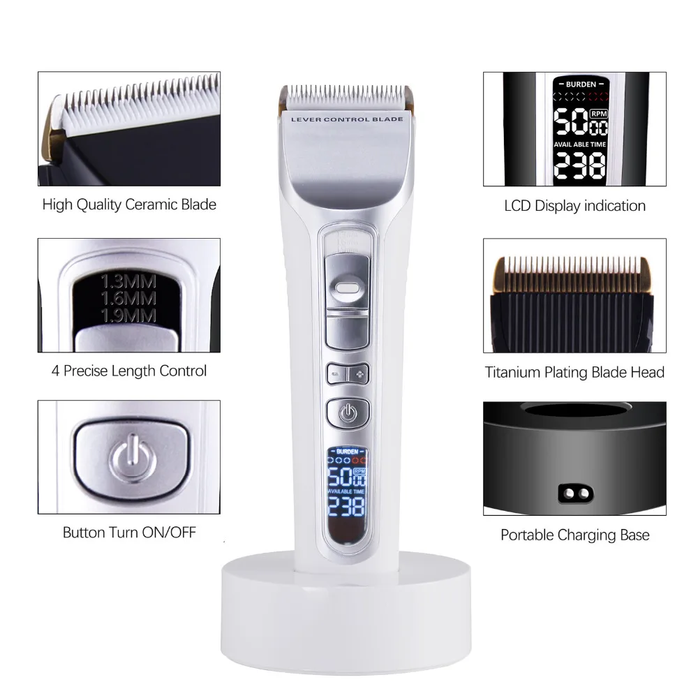 Barber Electric Hair Clipper Rechargeable Hair Trimmer Titanium Ceramic Blade LCD Display Universal voltage 100-240V Clipper (2)