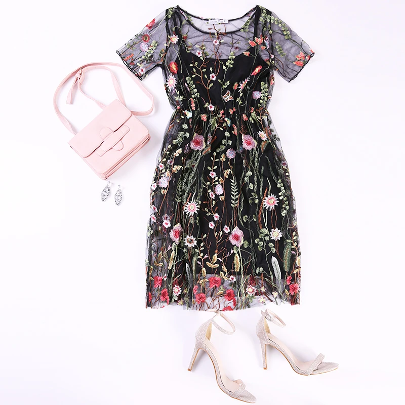 Женское летнее платье миди с цветочной вышивкой, кружевное Сетчатое платье с коротким рукавом и высокой талией, повседневное свободное элегантное вечернее платье с круглым вырезом