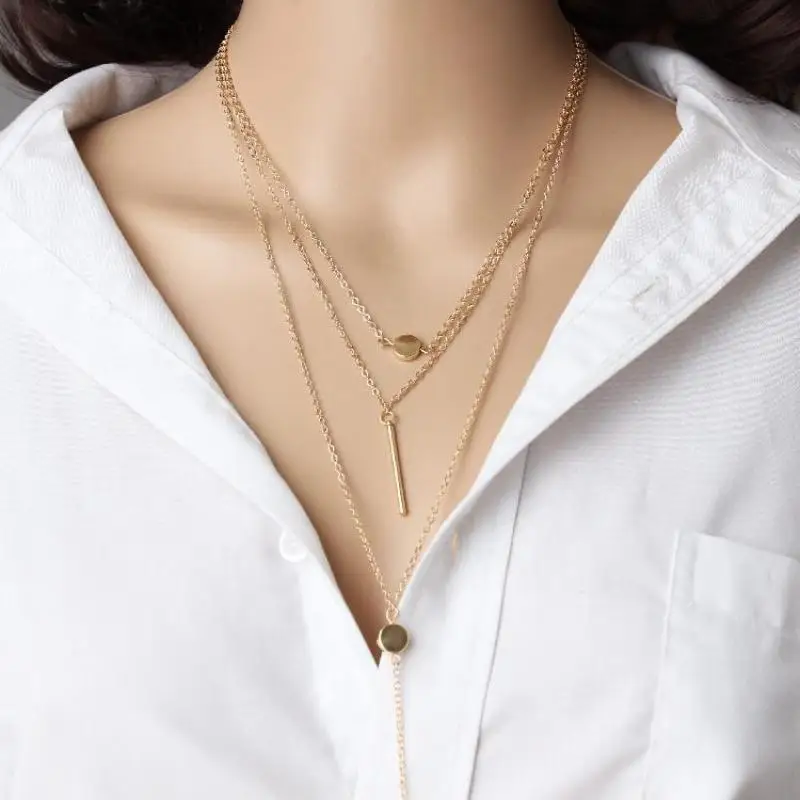 

Fashion Alloy Metal Bar Pendant 3 Layers Chain Necklace Chunky Women Statement Choker Necklaces Women Jewelry Choker Necklace