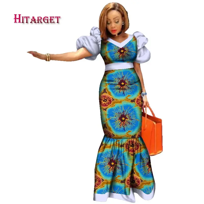 Новые африканские платья Bazin Riche для женщин с принтом, длинные платья с пышными рукавами, африканская Дашики, женская одежда WY2494