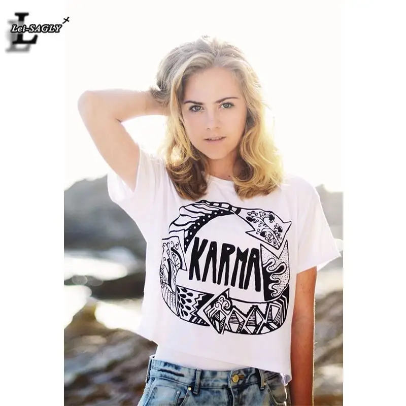 

Lei-SAGLY "Karma" Printed Partten T-shirt Fashion Short Sleeve Dew Navel Crop Tops Sexy Fitness Women Sexy T shirts F982