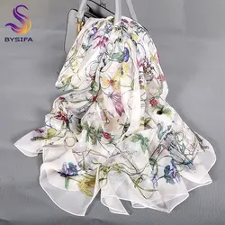 [BYSIFA] Белый 100% шелковый шарф-накидка Мода Цветочный дизайн длинные шарфы для женщин для летние Utralong пляж шаль зима Scarves180 * 110 см