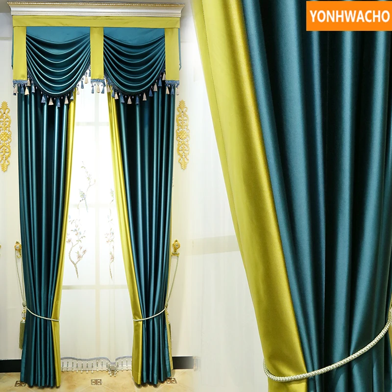 Custom Curtains Classical Peacock Blue Smooth Silk Luxury Simple