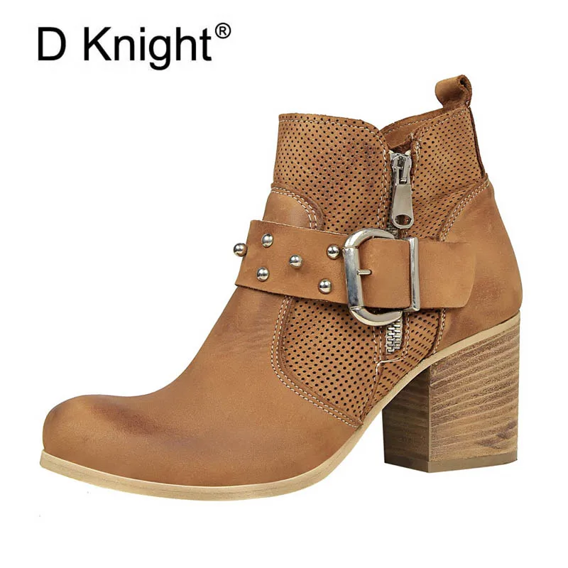 

Vintage Round Toe Square Heel Women Motorcycle Boots Fashion Rivet Ankle Strap Decoration Ankle Boots For Women New Autumn Boots