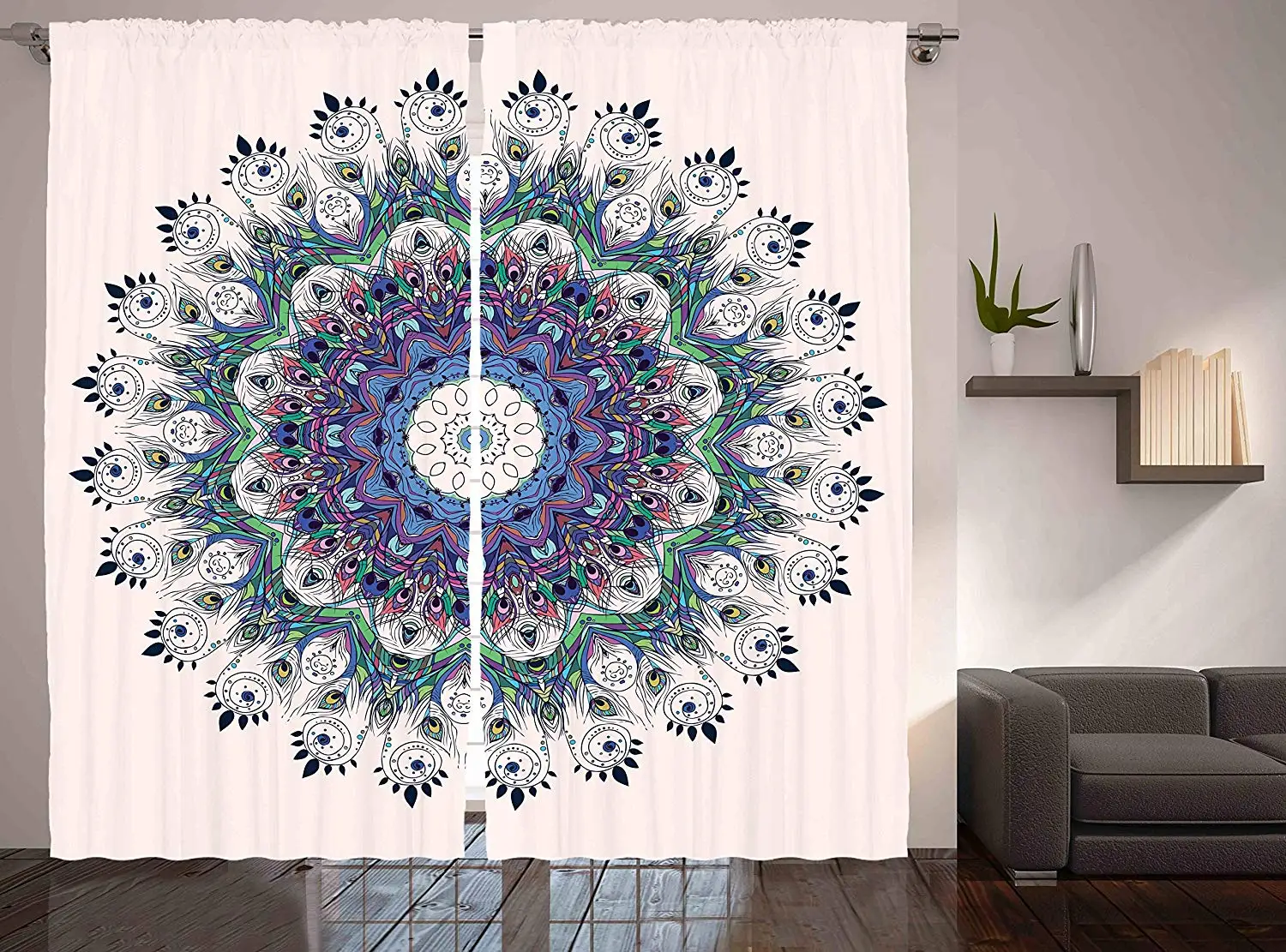 

Peacock Feather Decor Curtain Bird Mandala Design Moroccan Motif Window Treatments Window Decor Panel Set for Living Room