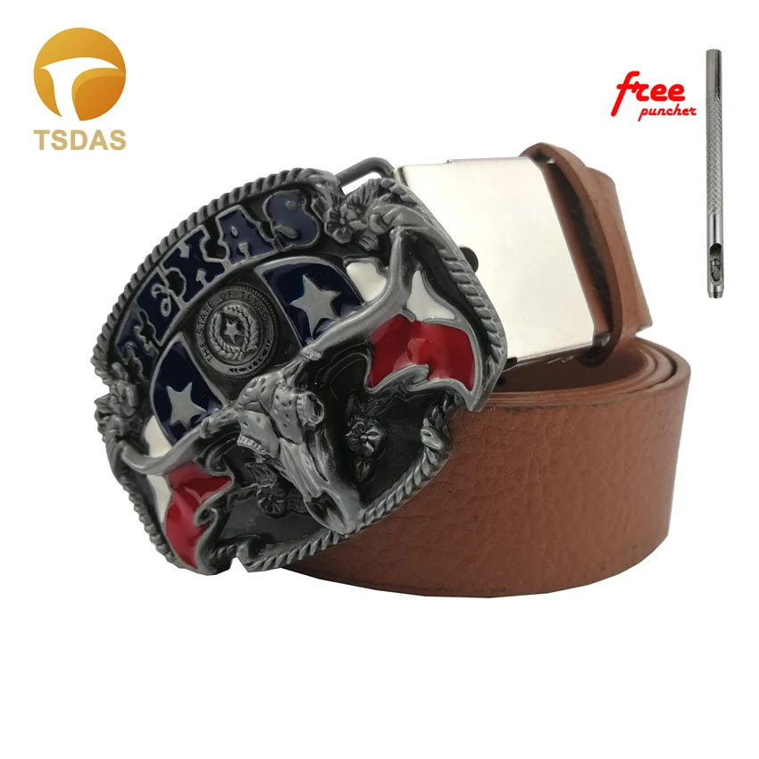 

Men's Leather Belt with Western Belt Buckle Texas Bull Head Metal Belt Buckle Men's New Year Gift