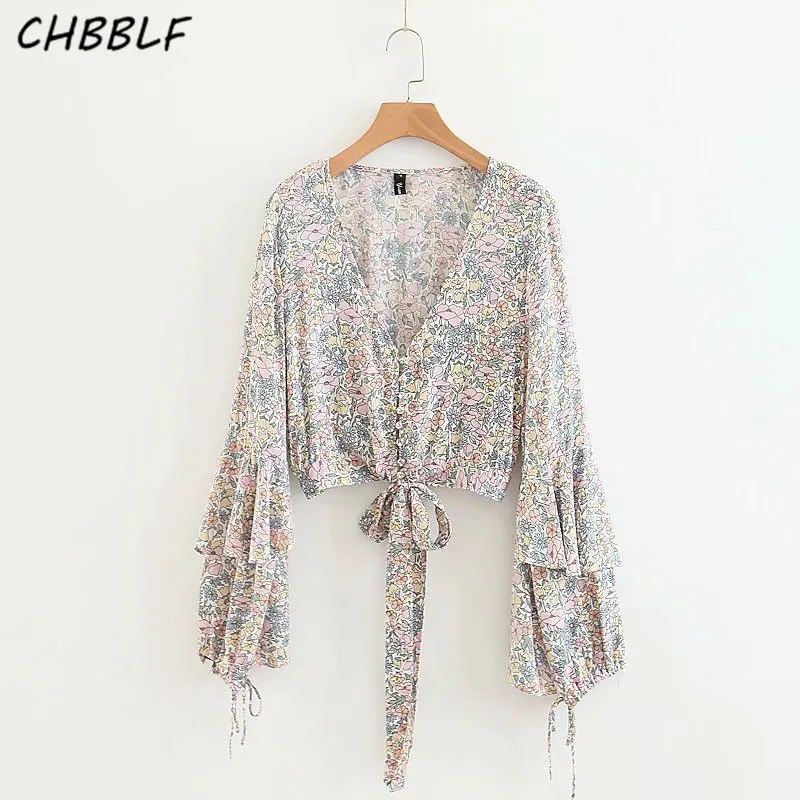 

CHBBLF women sweet print blouse flare sleeve bow tie casual loose shirt female vintage short tops blusas SFP8568